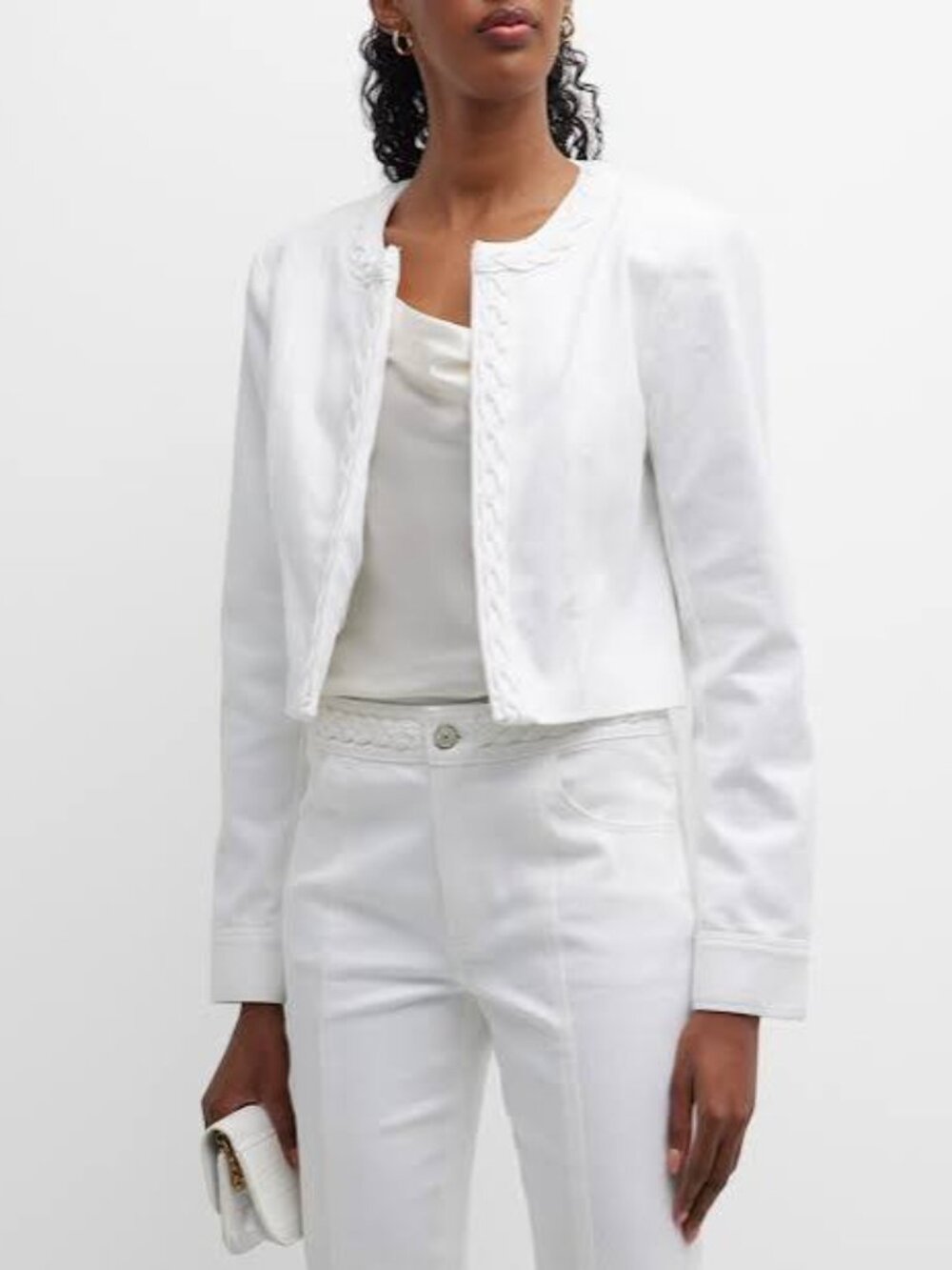 CINQ À SEPT  - Ayala Braided Cropped Denim Jacket In White SZ1o